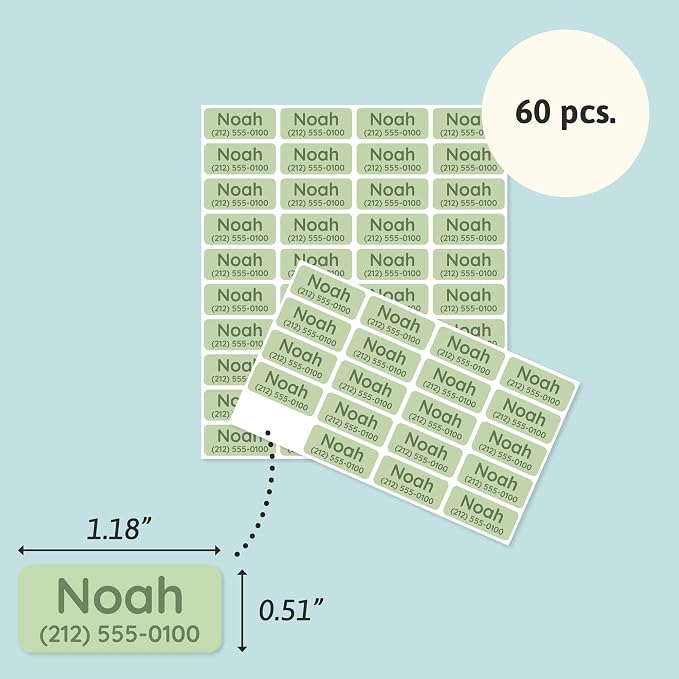 TeddyLabels - Clothing Labels for Nursing Home (60) – Self-Adhesive Name Tags for Clothes and Personal Items. Personalized Labels for Daycare, Nursing Homes, and Laundry Use - Light Green
