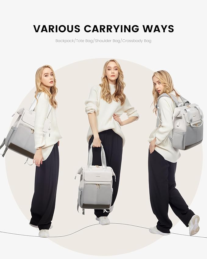 LOVEVOOK Laptop Backpack for Women, 15.6 Inch Work Laptop Bag with USB Port, Fashion Teacher Nurse Backpack Purse, Waterproof Travel Computer Backpack with Organizer Bag, 2PCS, Beige-Light Grey