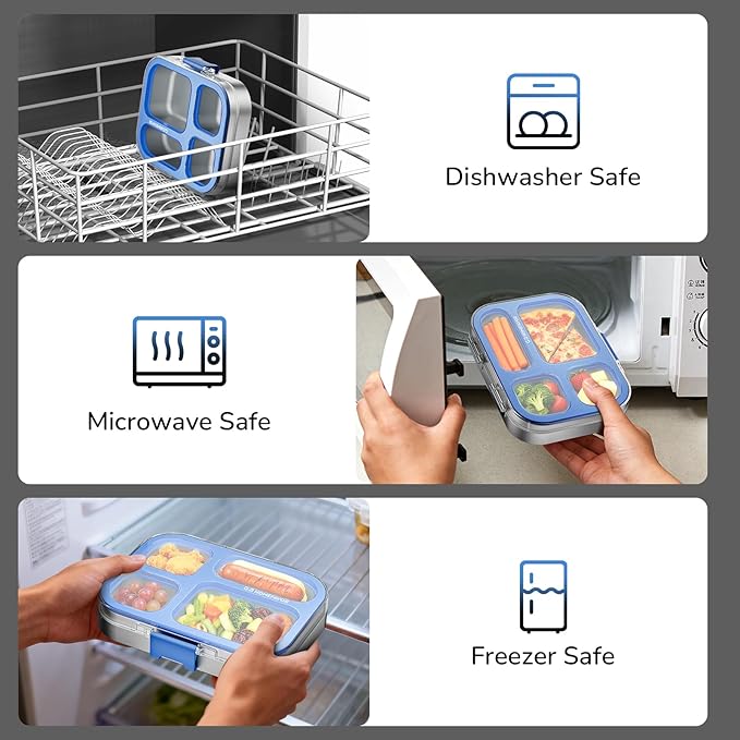 G.a HOMEFAVOR Stainless Steel Lunch Box - 4 Compartments Bento Box for Kids, Leakproof Food Container for School, Office, Dishwasher Safe, BPA-Free, 800 ml/27 oz, Dark Blue