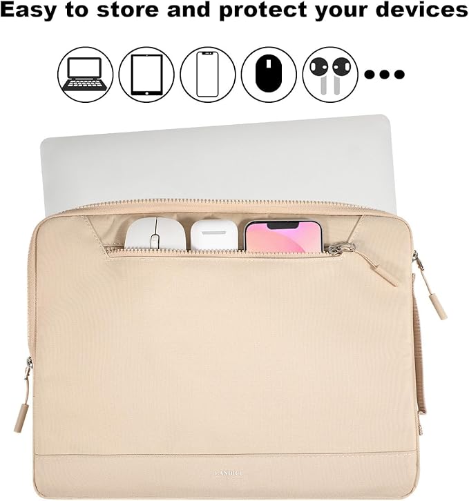 LANDICI 360°Protective Laptop Sleeve Case 15.6 16 Inch with Handle, Waterproof Slim Computer Cover Bag Compatible with MacBook Pro 16, Lenovo Yoga 7i 16, Asus vivobook 15, HP Acer Dell, Apricot