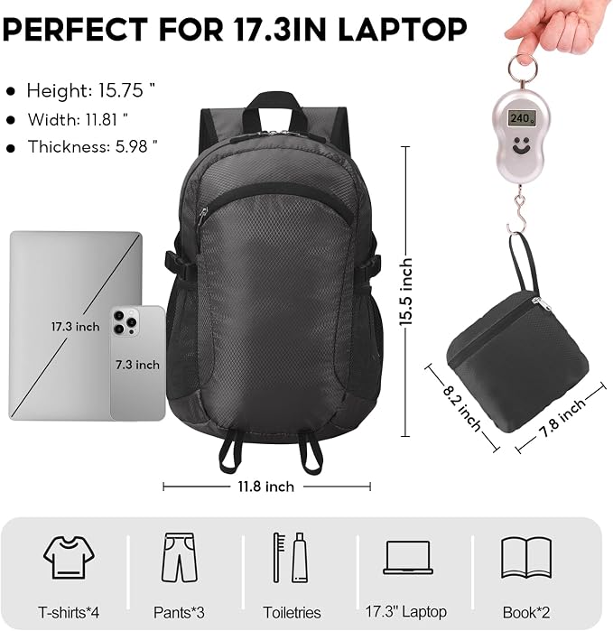 Small Hiking Backpack Travel Lightweight Hiking Packable Daypack Water-Resistant Foldable Ultralight Backpacks 15L for Travel Women Men Camping (Black)