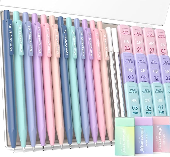 Four Candies Cute Mechanical Pencil Set, 0.5mm & 0.7mm Point, 12-Count Pack | 720 HB/2B Leads, 3 Erasers, 18 Eraser Refills, Storage Case, Pastel Barrels, Triangular Grip, for Notes & Drawing