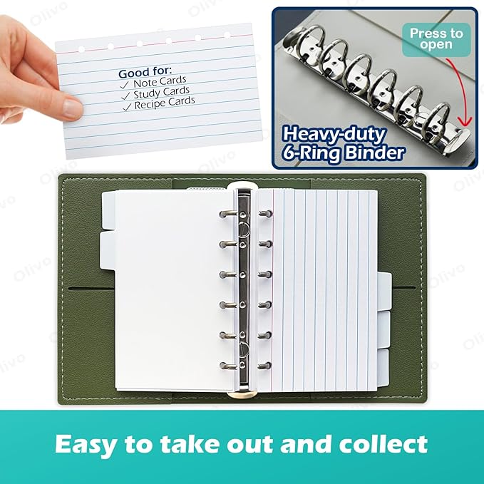3x5 Lined Index Cards with Ring Binder Holder and Dividers, 100 Note Cards, Green