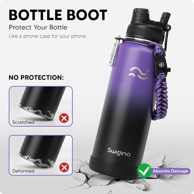 Swigina [2-IN-1 LID] Insulated Water Bottle with Silicone Boot (36hrs Cold/18hrs Hot) - DIY Stickers, Leakproof, BPA Free, 40 oz