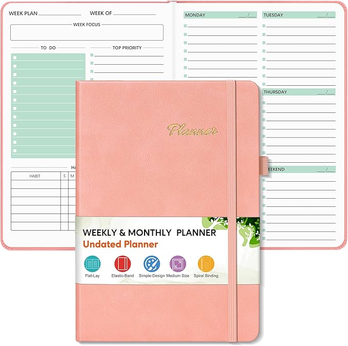 Undated Weekly and Monthly Planner, Hardcover Leather Calendar Blank Planner, Simplified To Do List Notebook with Goal & Habit Tracker Organizer, A5 Daily Weekly Planner for Work School Home, Pink