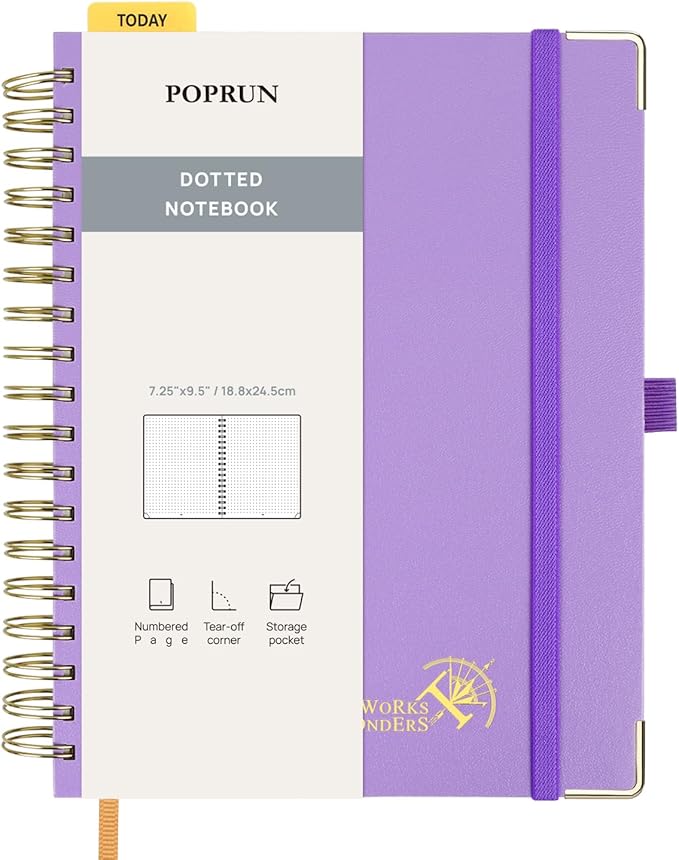 POPRUN Spiral Dotted Journal Notebook, B5-7-1/4" x 9-1/2" - 120 GSM Thick Paper, 220 Numbered Pages, Hardcover for Men & Women with Pocket, Index Tabs, 8 Perforated Sheets, Violet