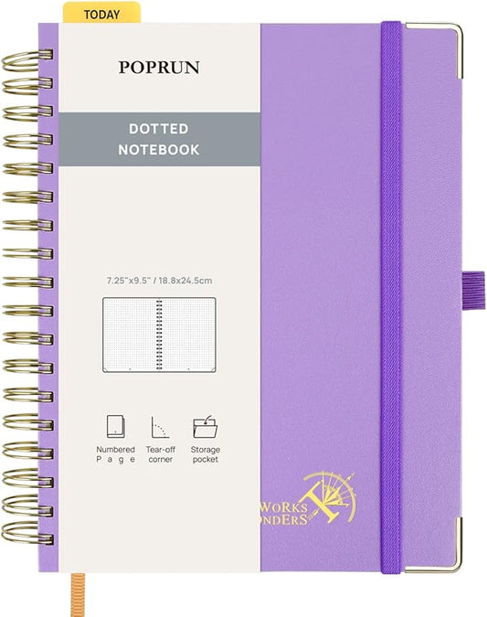 POPRUN Spiral Dotted Journal Notebook, B5-7-1/4" x 9-1/2" - 120 GSM Thick Paper, 220 Numbered Pages, Hardcover for Men & Women with Pocket, Index Tabs, 8 Perforated Sheets, Violet
