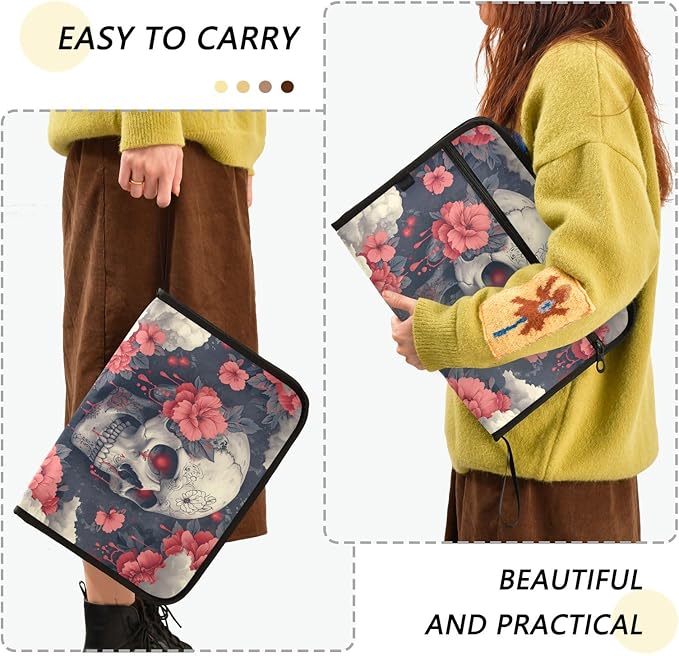 Skull Head with Flower 13 Pocket File Organizer Expanding File Folder with Front Pouch Portable Business Fire Storage Document Organizer Folder with Zipper