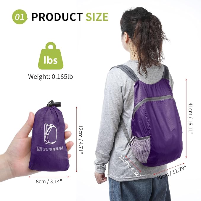 Ultra Lightweight Hiking-Daypack,Foldable Travel Packable Backpack | 20L Foldable Bag for Camping Cycling Outdoor,Day Pack for Men Women,Purple