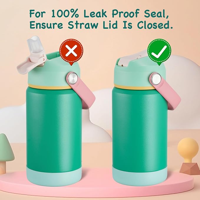 Kerilyn 12oz Water Bottle 2 Pack, Stainless Steel Insulated Water Bottle Bulk with Straws Leak-Proof,BPA Free, 2 Piece Set Mint Breeze