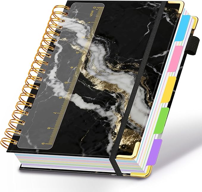 Spiral Journal Notebooks for Work, 300 Pages 5 Subject Notebook College Ruled with Dividers & Tabs, 8''x 10'' Large Notebook Journal for Women Students Note-Taking and Organizer (Midnight Marble)