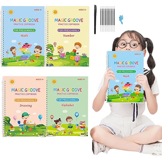Large Magic Grooved Handwriting Book Practice,Handwriting Practice Copybook,Reusable Practice Book for Preschool Age 3-8 Back to School Supplies(4 Large Books with Magic Pens)