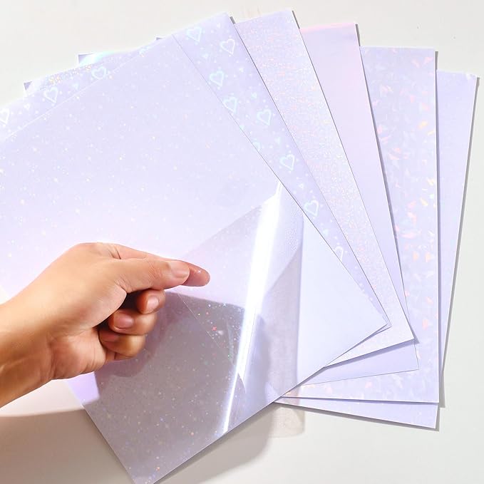 36 Sheets Holographic Laminating Sheets, 8.5x11 Inch Clear Holographic Sticker Paper with Self-Adhesive Waterproof Vinyl Overlay, 6 Patterns Transparent Laminate Film for DIY Stickers, Photos, Crafts
