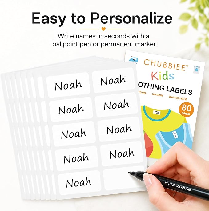 CHUBBIEE All Purpose No-Iron Kids Clothing Labels, 80-Pack | Self-Stick Write-On Fabric Labels for Camp, School, Daycare, Nursing Care, Toys, Organizing, Washer & Dryer Safe