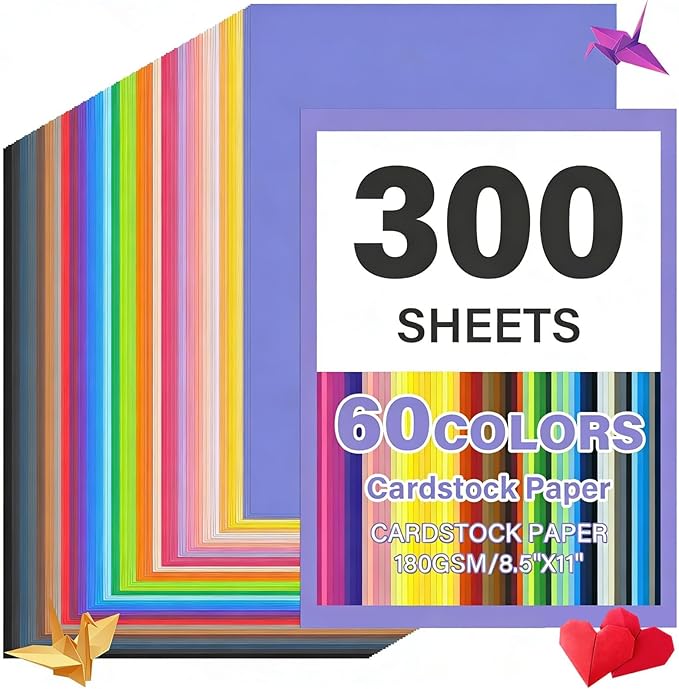 300 Sheets 8.5" X 11" Colored Cardstock, 60 Assorted Colors Construction Paper Card Stock Printer Paper For Printing, Cardstock Paper, Color Paper For Diy Crafts, Kids School Supplie(180gsm/65lb)