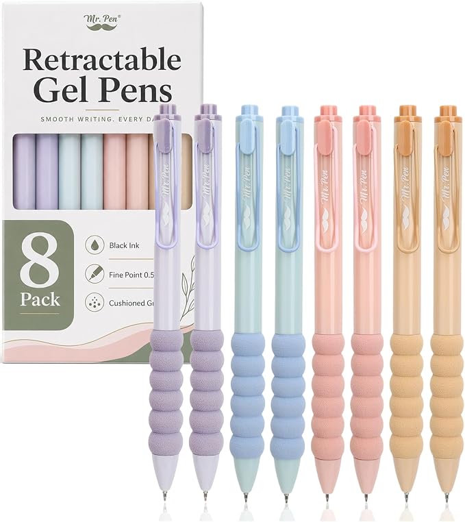 Mr. Pen- Retractable Gel Pens, 8 Pack, Pastel Barrels with Black Ink | Soft Grips, Fine Point 0.5mm, Fast Dry, Smooth Writing, Cute Pens for Drawing, Writing Planner and School Supplies