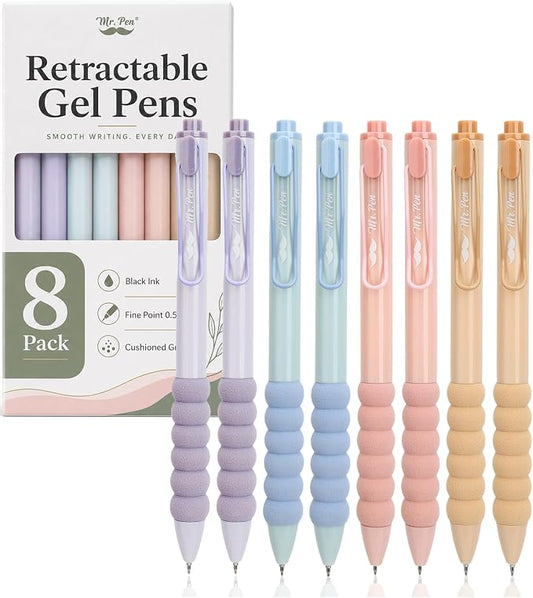 Mr. Pen- Retractable Gel Pens, 8 Pack, Pastel Barrels with Black Ink | Soft Grips, Fine Point 0.5mm, Fast Dry, Smooth Writing, Cute Pens for Drawing, Writing Planner and School Supplies