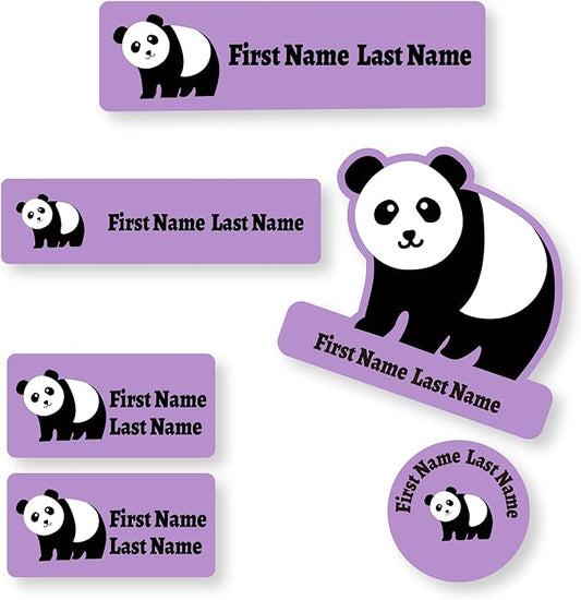 Personalized Kids Name Labels – Waterproof Custom Stickers for Daycare & School, Dishwasher & Laundry Safe (Panda - Purple)