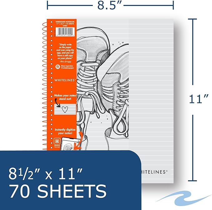 ROARING SPRING Whitelines Premium Line Ruled Spiral Notebook, Digitally Download Your Notes, FREE App, 11" x 8.5" 70 Sheets