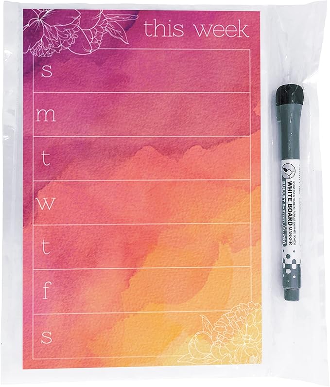 Dry Erase Weekly Calendar Planner Sticker Decal | Removable & Reusable | Magnetic Fine-Tip Marker Included (6 x 9 inches, Peony)