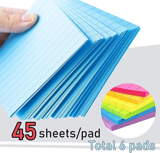 Lined Sticky Notes 4X6 in Bright Ruled Stickies Colorful Super Sticking Power Memo Pads, 45 Sheets/pad, 6 Pads/Pack