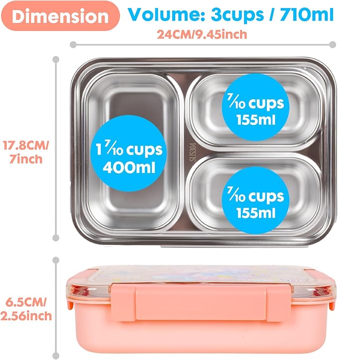 Stainless Steel Bento Lunch Box for Kids, 710ml/23.5oz BPA-Free Leak-Proof Food Containers with 3 Compartments, Back to School Students Daycare Lunches Snack Container Size for Ages 3-7