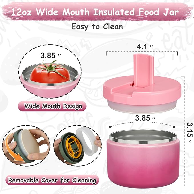 Pawtong 12oz Insulated Vacuum Food Jar with Buckle Lid Wide Mouth Soup Thermo for Hot Food Kids Leakproof Stainless Steel Lunch Container (Gradient Pink, 12OZ)
