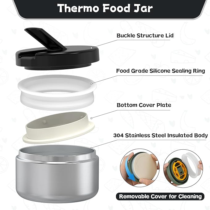 Aimsnk Kids Bento Lunch Box with 8oz Soup Thermo, Kids Leakproof Lunch Food Containers with 4 Compartment,Insulated Hot Food Jar with Lunch Bag for School, Travel (Black)