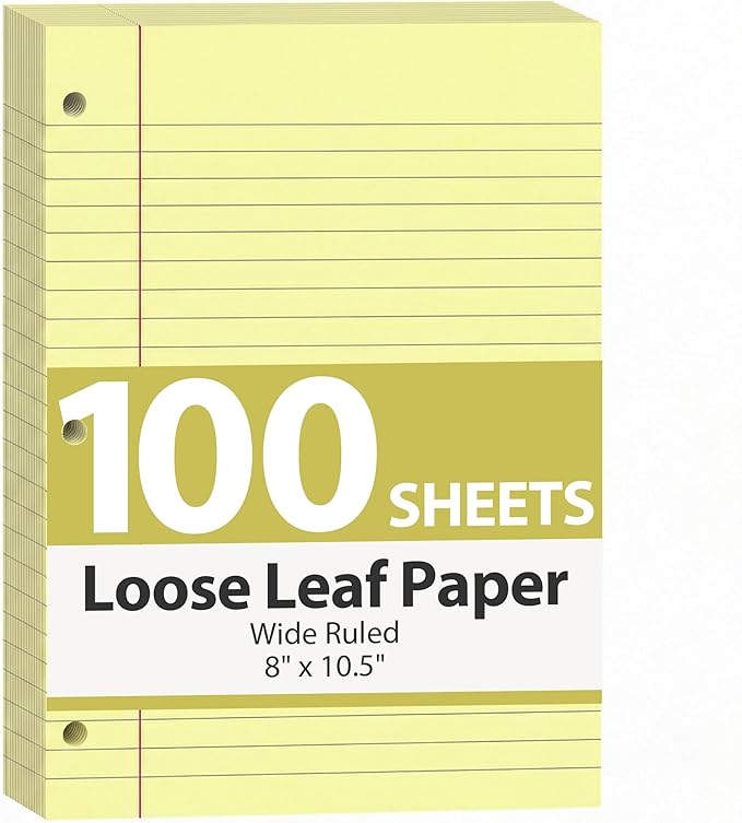HIBOX Yellow Loose Leaf Paper, 100 Sheets 8"x10.5" Wide Ruled Filler Lined Notebook Paper, 3-Hole Punched for 3-Ring Binders Notebook, Back To School & College, Fights Ink Bleed, Office Planners