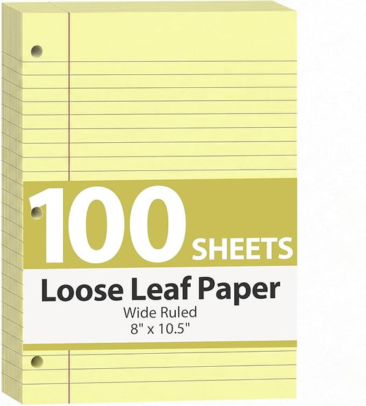 HIBOX Yellow Loose Leaf Paper, 100 Sheets 8"x10.5" Wide Ruled Filler Lined Notebook Paper, 3-Hole Punched for 3-Ring Binders Notebook, Back To School & College, Fights Ink Bleed, Office Planners