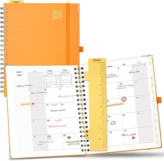 POPRUN 2026-2027 Monthly Planner, 18 Month Calendar (July 2026-Dec 2027), 7.5" x 9.5" B5 Spiral Hardcover Organizer with Dotted Note Pages, Professional Appointment Book for Business Office, Students & Teachers - Orange