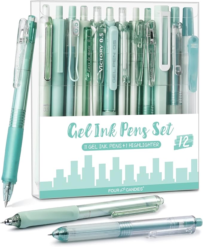 Four Candies Gel Pens, Cute Green Pens Black Ink, 0.5mm Fine Point, 12-Pack | Teal School Supplies, Office Essentials, Pen and Highlighter Stationery Set, Aesthetic Desk Decor & Accessories - Forest