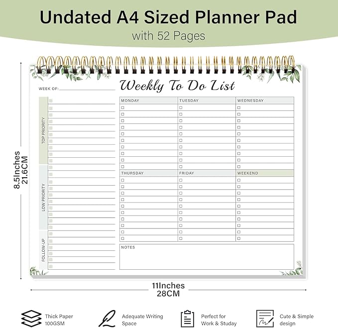 Weekly To Do List Notepad with 52 Undated Sheets（8.5"×11"）- Undated Weekly Desk Planner for Women & Man, School/Office Supplies