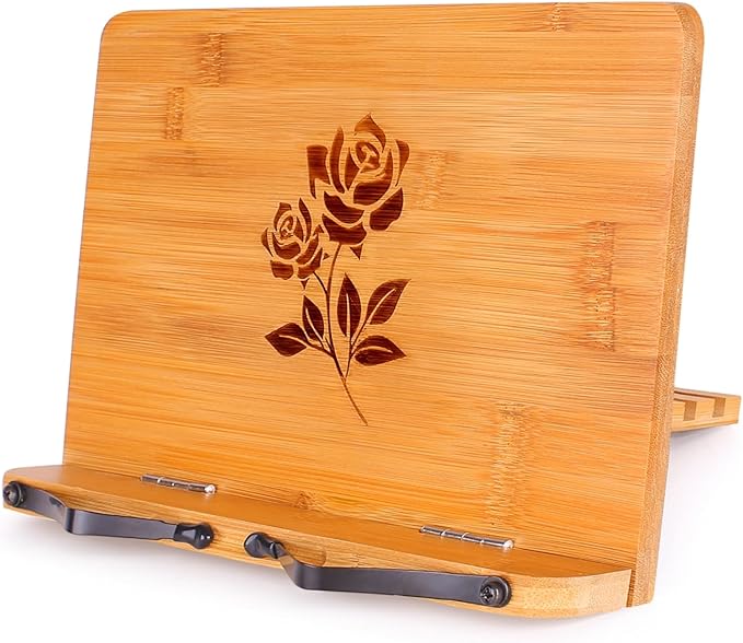MEGREZ Bamboo Book Stand 13.2 x 9.4 Inch, Foldable Cookbook Holder With 6 Adjustable Heights, Reading Holder for Recipe, Music, Textbook, Tablet Stand, Rose