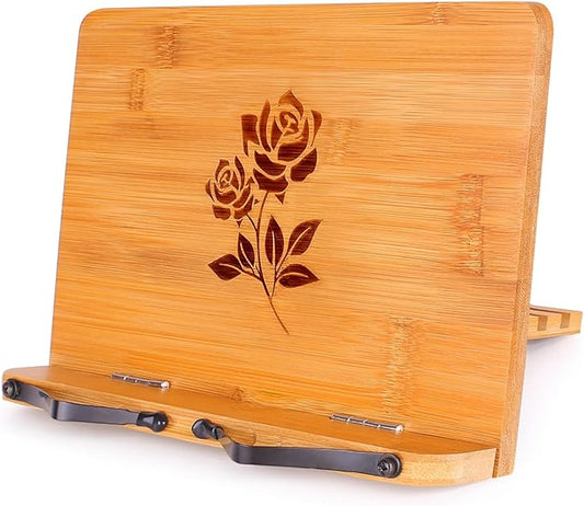 MEGREZ Bamboo Book Stand 13.2 x 9.4 Inch, Foldable Cookbook Holder With 6 Adjustable Heights, Reading Holder for Recipe, Music, Textbook, Tablet Stand, Rose