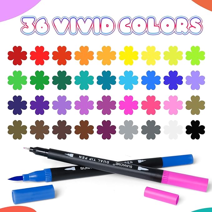 sunacme 36 Colors Dual Brush Marker Pens, Art Marker Set with Brush and Fineliner Tip for Adults Coloring Books, Journaling, Note Taking