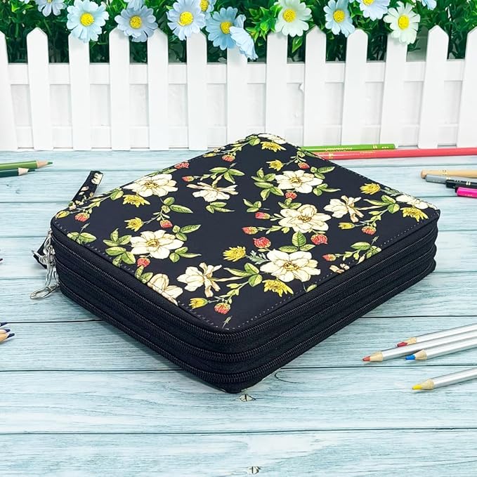 YOUNGCOL 120 Slots Colored Pencil Case Color Pencil Organizer Storage Large Capacity Pencil Case (Black + Retro Flower)