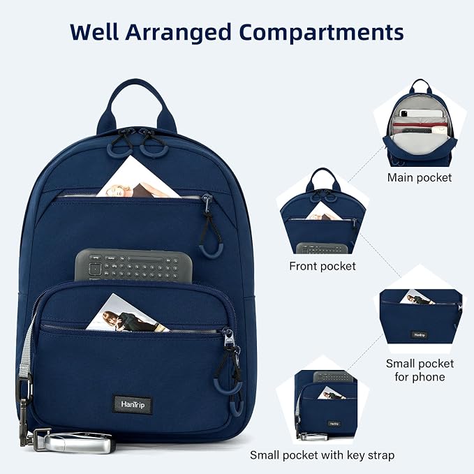 HanTrip 13 Inch Mini Small Travel Backpack Cary on For Women Men, Navy Blue | 13L Capacity, Lots of Pockets, Padded Shoulder Strap, Lightweight, Water Resistant, Bookbag for College, Commuter, Work