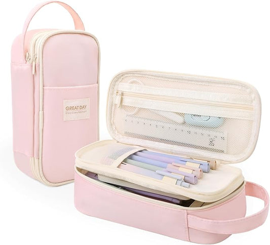SKYDUE Pink Pencil Case for Girls - Aesthetic Pencil Bag with Multi-Compartment, Large Capacity Zippered Pencil Pouch for School Supply