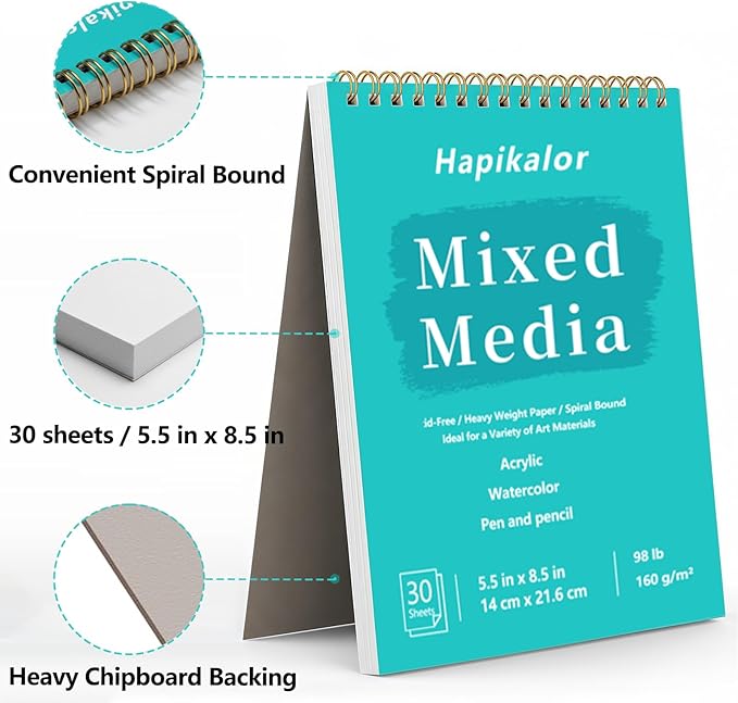 Sketch Book Mixed Media Pad - 5.5" x 8.5" Top Spiral Bound Sketch Pad, 30 Sheets 98lb/160gsm Acid-Free Drawing Paper, Art Supplies Sketchbook for Drawing, Sketching