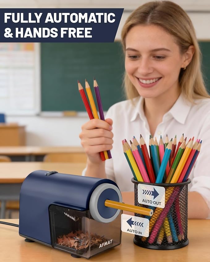 AFMAT Electric Pencil Sharpener, Fully Automatic Pencil Sharpener for 6.5-10.5mm No.2/Jumbo/Colored Pencils, Auto in & Out, 5 Sharpness Modes, 10000+ Sharpenings for Classroom Home Office, PSC5(Blue)