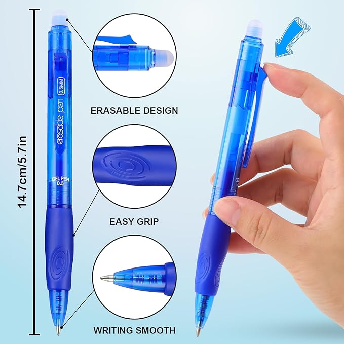 USUAL Retractable 6 Black 6 Blue Erasable Gel Pens Clicker, Fine Point(0.5mm),Make Mistakes Disappear, Premium Comfortable Grip, Smooth Writing Pen Office Back-to-School Supplies