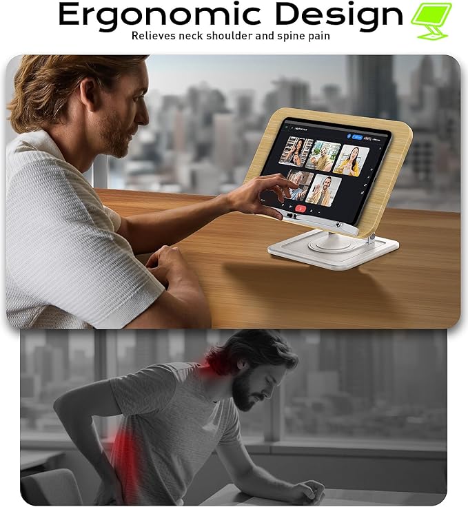 Book Stand for Reading, Adjustable Book Holder with 360°Rotating Bases, Ergonomic Cookbook Stand Recipe Book Holder with Elastic Page Clips for Magazines, Tablets, Laptops,White