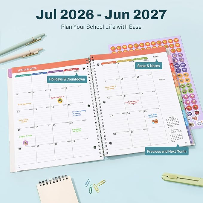 Student Planner 2026-2027, SUNEE Middle or High School Student Planner for Academic Year Jul. 2026 - Jun. 2027, 8.5"×11" Lesson Plan Book with 3-Hole Punched, Bookmark, Planning Stickers, Aurora Sky