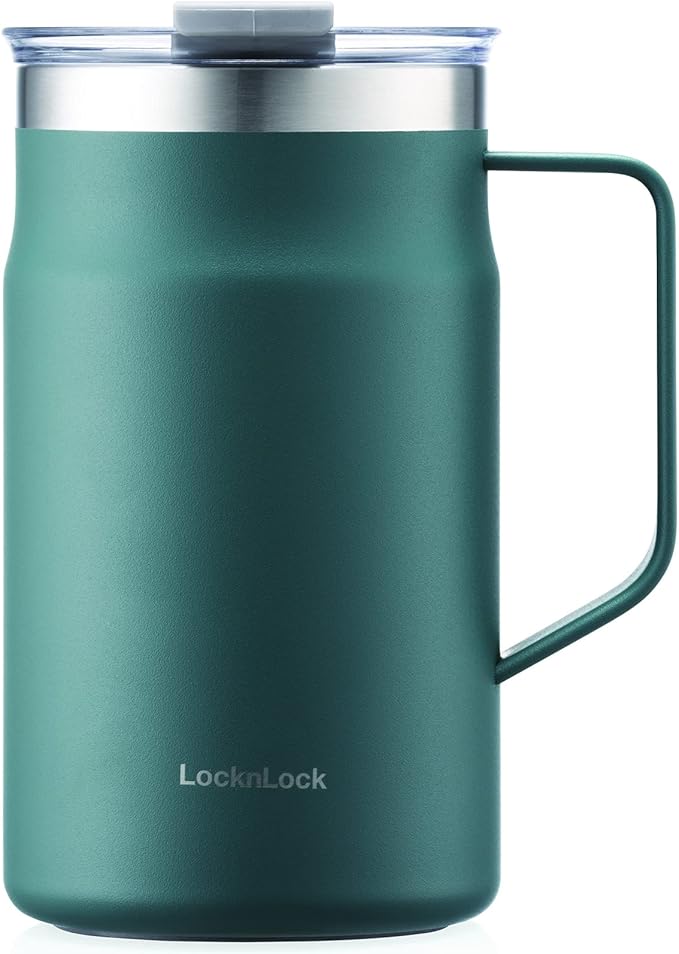 LocknLock Metro Mug, Premium 18/8 Stainless Steel Metal, Double Wall Insulated, Portable Coffee Cup with Lid and Handle for Hot and Cold Drinks, Dark Green, 20 oz