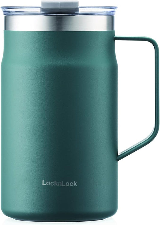 LocknLock Metro Mug, Premium 18/8 Stainless Steel Metal, Double Wall Insulated, Portable Coffee Cup with Lid and Handle for Hot and Cold Drinks, Dark Green, 20 oz