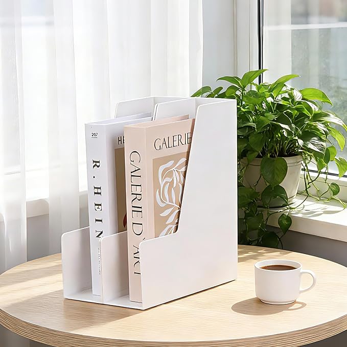 CiWiVOKi Vertical Magazine File Holder, Desk Organizer and Storage for Magazines, Binders, Notebooks, Envelopes, Multi-Purpose Desktop File Organizer for Home, Office & Classroom, 4 Pack, White