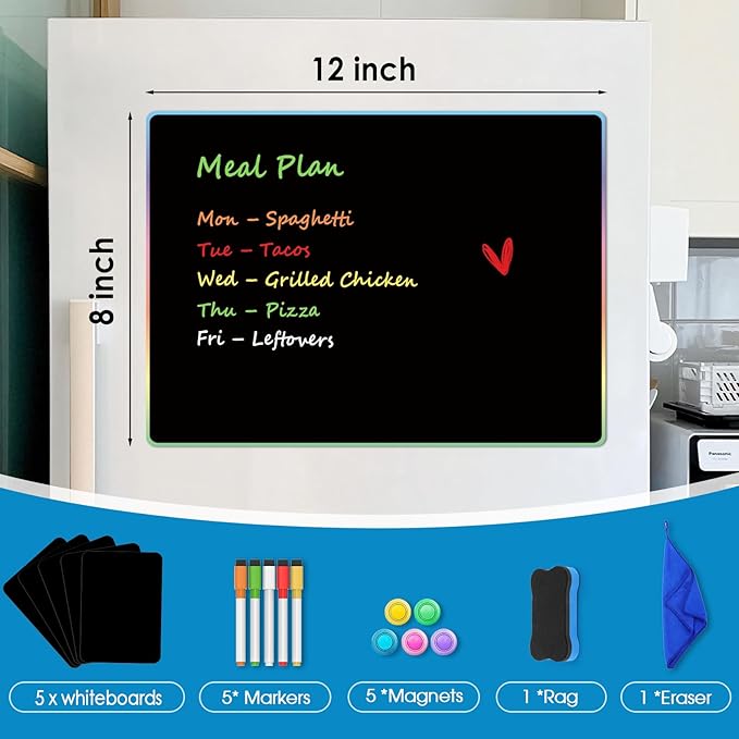 MaxGear 5 Pack Black Magnetic Dry Erase Board for Fridge, 12 x 8 Inch Whiteboard for Refrigerator, Magnetic Writing Board, Includes 5 Liquid Chalk Markers, 5 Magnets, 1 Eraser and 1 Cleaning Cloth