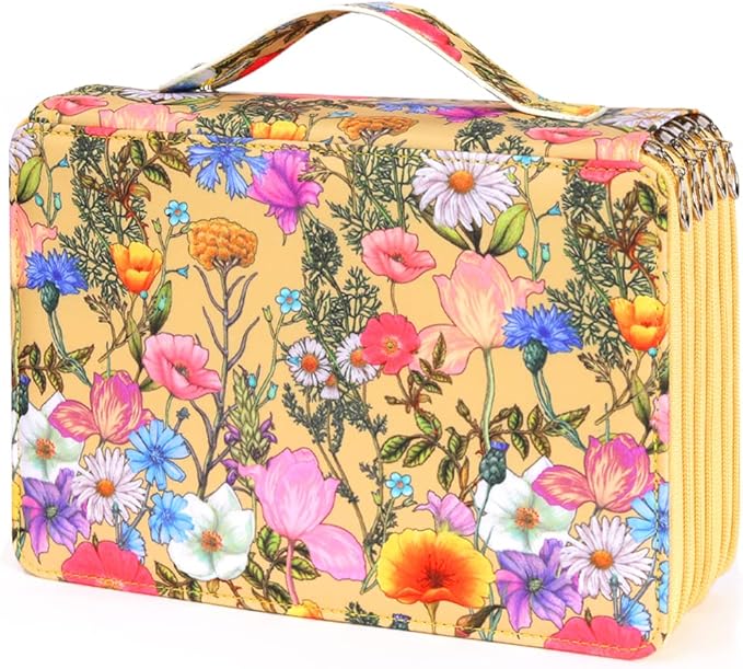 Vomgomfom 252 Slots Pencil Bag, 5-Layer Zipper Art Supply Organizer, PU Leather Portable Colored Pencil Case with Handle for 252 Watercolor Pens, Gel Pens (Yellow Flower)