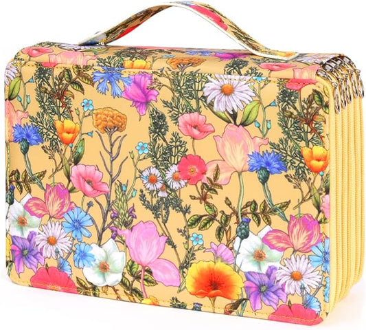 Vomgomfom 252 Slots Pencil Bag, 5-Layer Zipper Art Supply Organizer, PU Leather Portable Colored Pencil Case with Handle for 252 Watercolor Pens, Gel Pens (Yellow Flower)